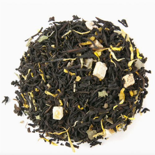 white backdrop with a black and fruit tea circle